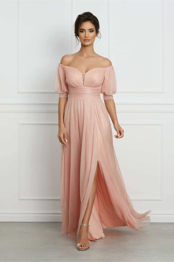 Rochie Lauren lunga roz cu glitter si umeri goi