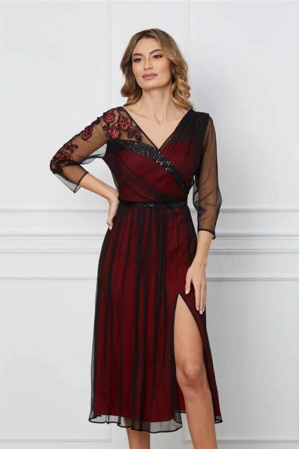 Rochie Leonard Collection din matase neagra cu dublura rosie