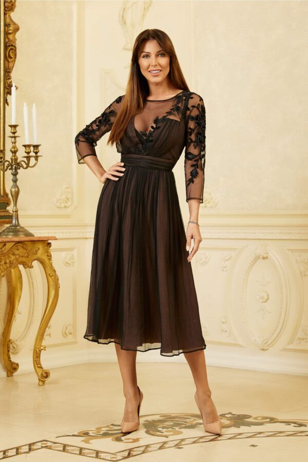 Rochie Leonard Collection neagra din matase cu dublura maro