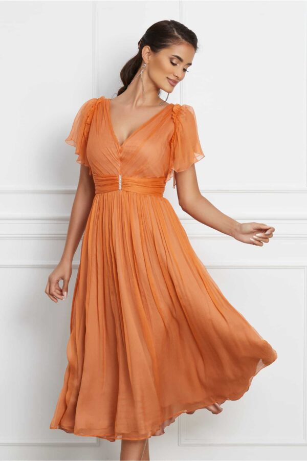 Rochie Leonard Collection orange din matase cu strasuri in talie