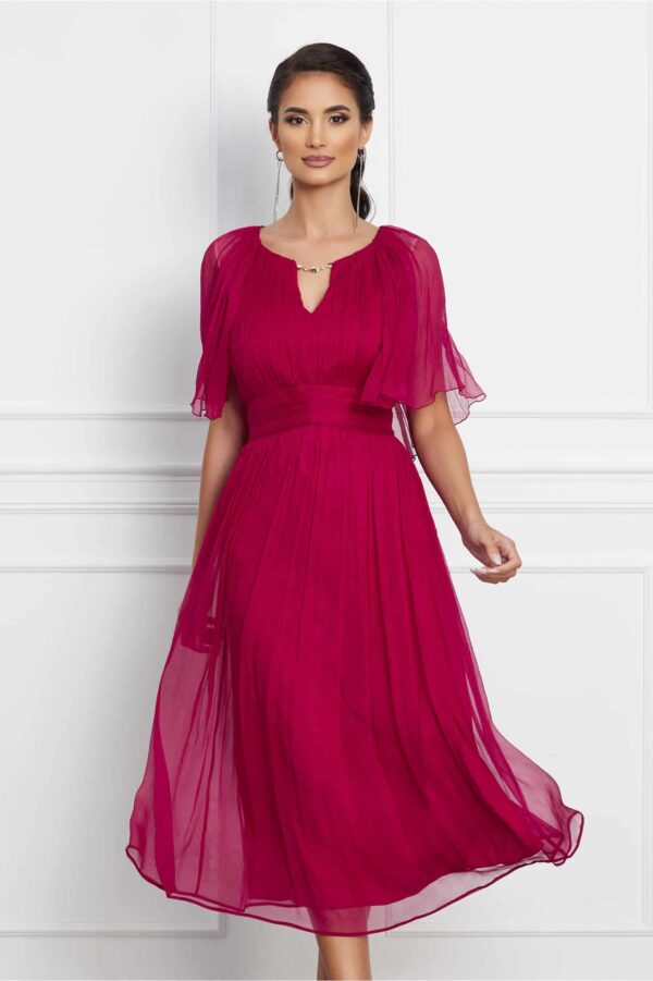 Rochie Leonard Collection rosu zmeura din matase naturala cu maneci scurte tip capa