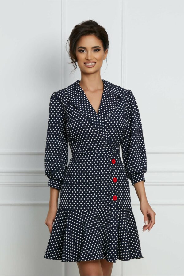 Rochie Leticia bleumarin cu buline si nasturi rosii pe fusta