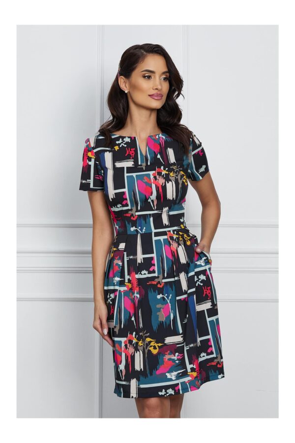 Rochie Lidia neagra cu imprimeu colorat si buzunare