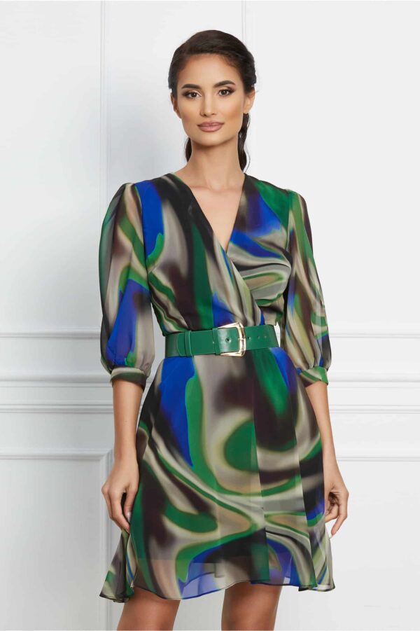 Rochie Lora verde cu imprimeu si curea in talie