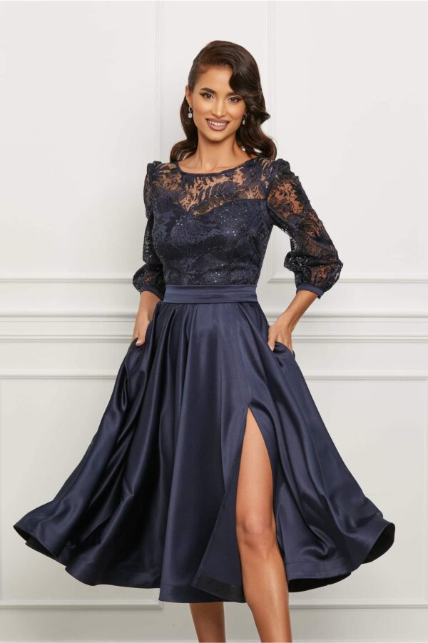 Rochie MBG bleumarin cu fusta din satin si crepeu maxi