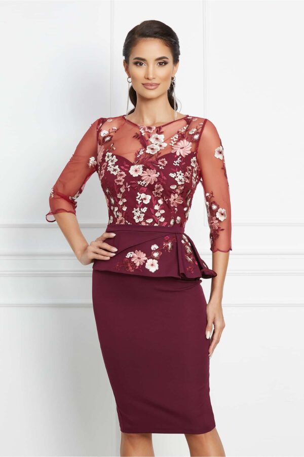 Rochie MBG bordo cu peplum si dantela brodata floral la bust