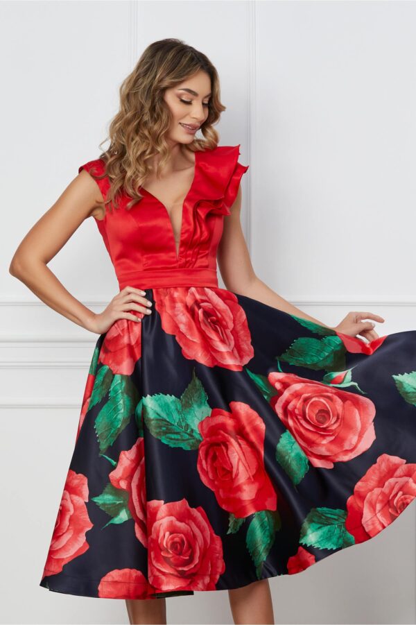 Rochie MBG cu bust rosu si fusta bleumarin cu flori