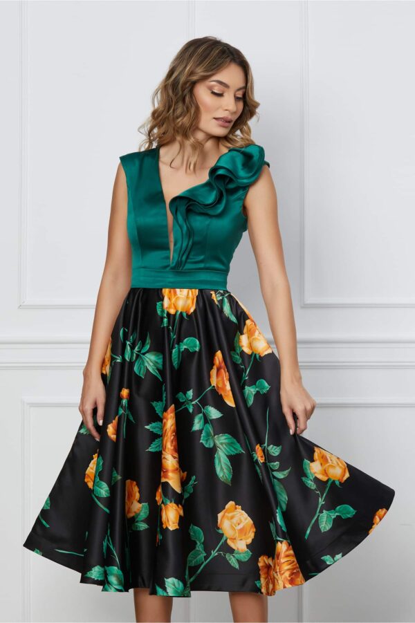 Rochie MBG cu bust verde si fusta neagra cu flori
