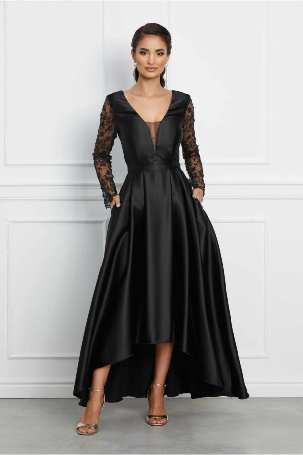 Rochie MBG neagra satinata cu broderie pe maneci