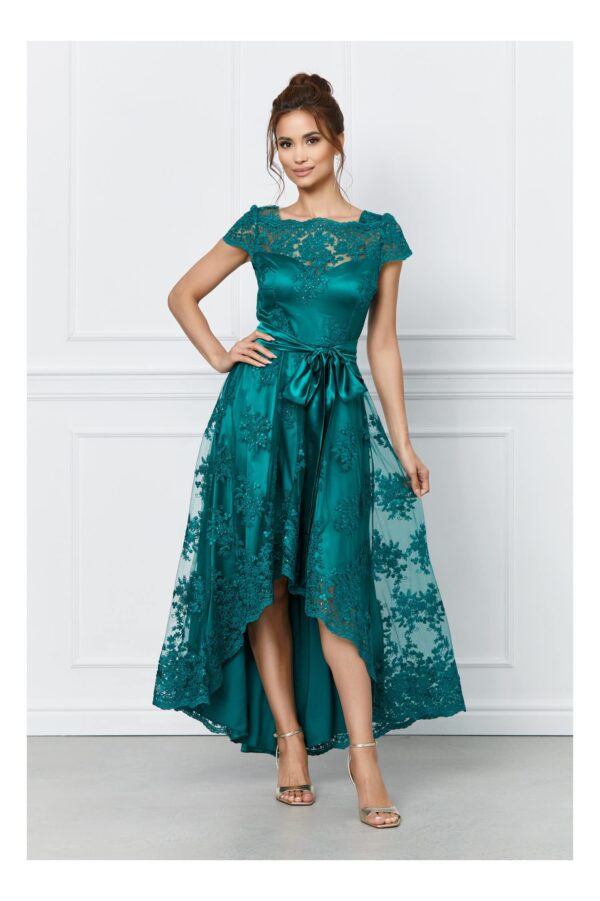 Rochie MBG verde din dantela cu lungime asimetrica