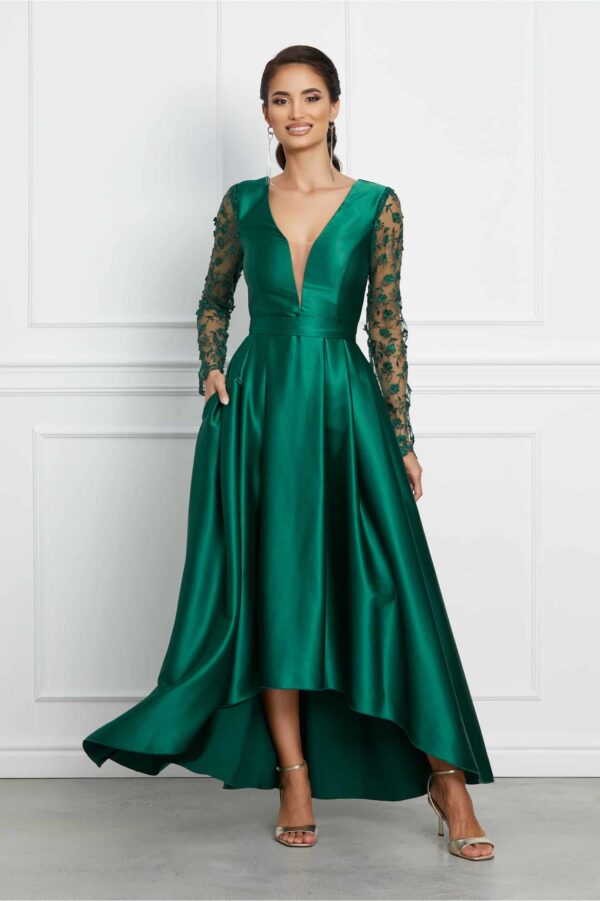 Rochie MBG verde satinata cu broderie pe maneci
