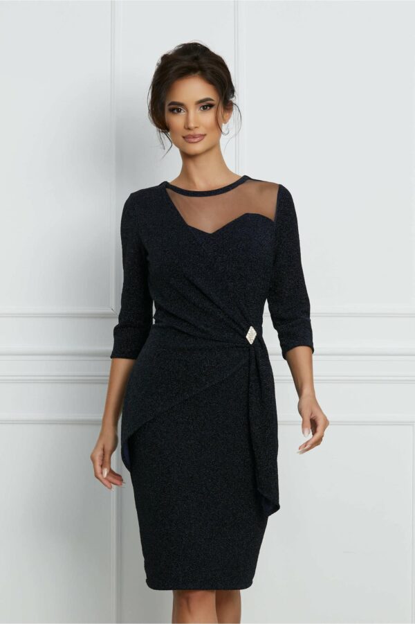 Rochie Mira bleumarin din lurex cu accesoriu in talie