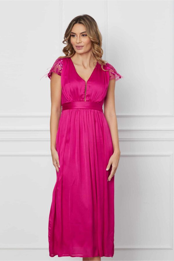 Rochie Moze fuchsia din voal satinat cu paiete la maneci