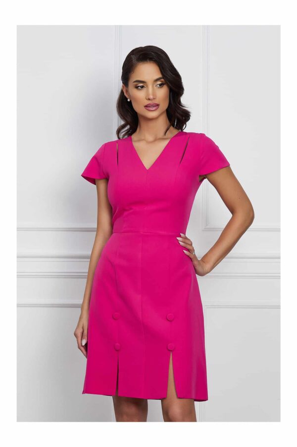 Rochie Moze fucsia cu nasturi si crepeuri pe fusta