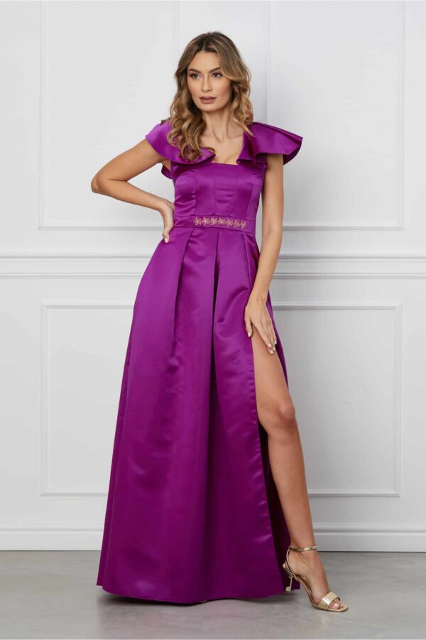 Rochie Moze lunga mov din tafta cu crepeu maxi