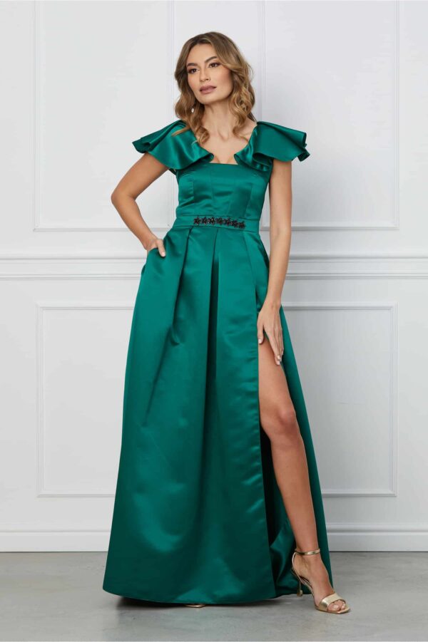 Rochie Moze lunga verde din tafta cu crepeu maxi