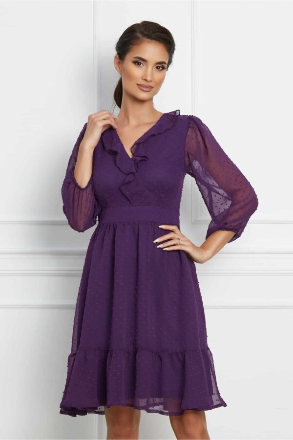 Rochie Moze mov din voal cu aplicatii in relief