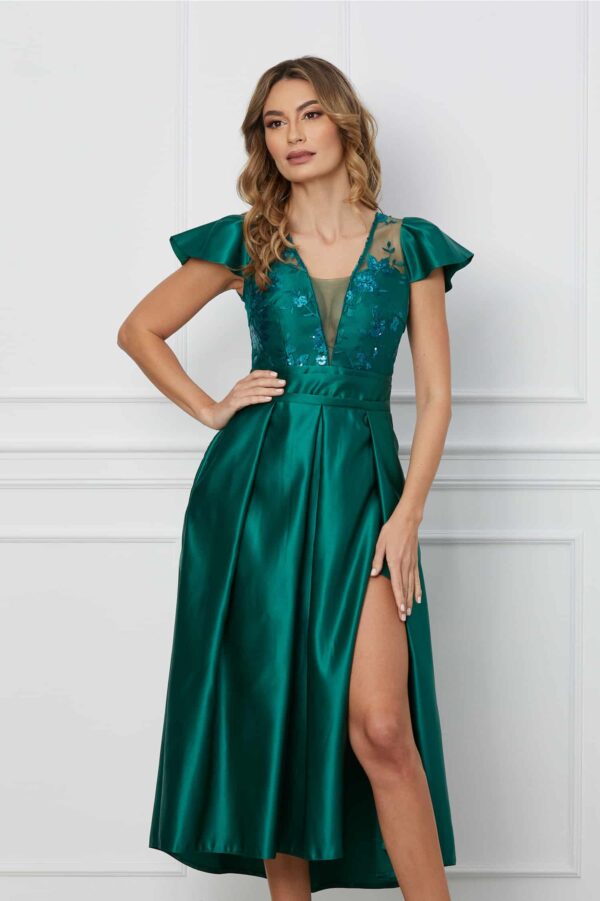Rochie Moze verde cu paiete la bust si crepeu maxi