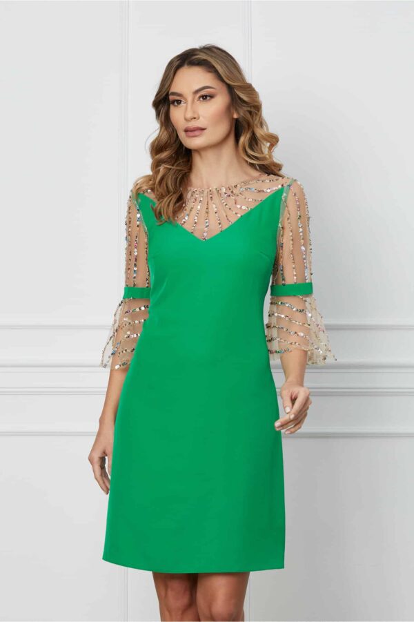 Rochie Moze verde cu tull si paiete pe maneci