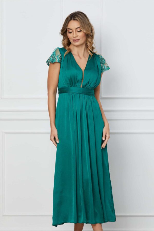 Rochie Moze verde din voal satinat cu paiete la maneci