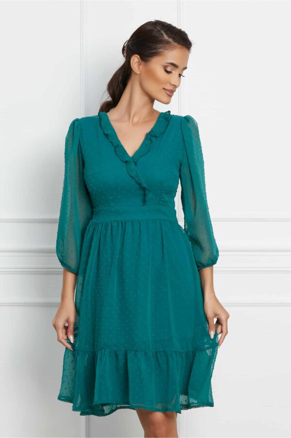 Rochie Moze verde petrol din voal cu aplicatii in relief