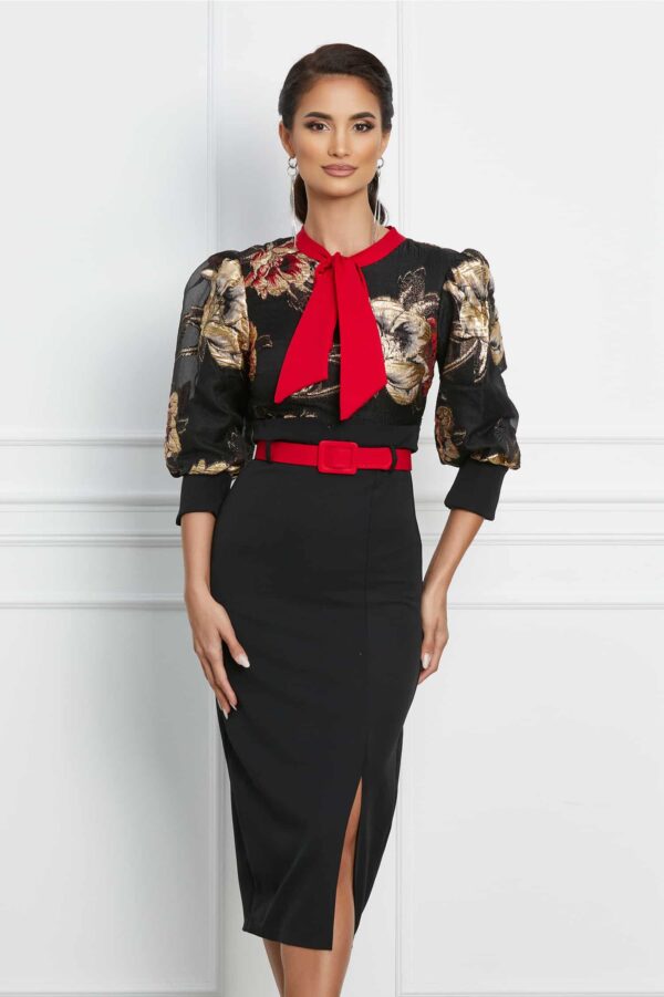 Rochie Olivia neagra cu bust din organza si curea in talie