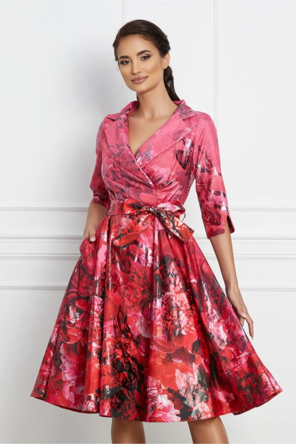 Rochie Sabrina rosie cu imprimeu peliculizat si cordon in talie