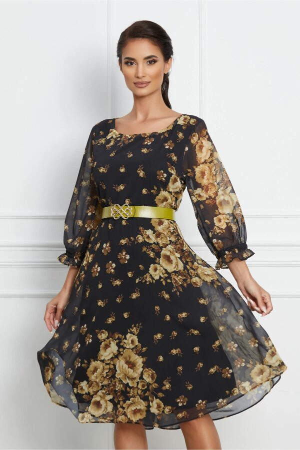 Rochie Tamara neagra cu imprimeuri bej si curea in talie