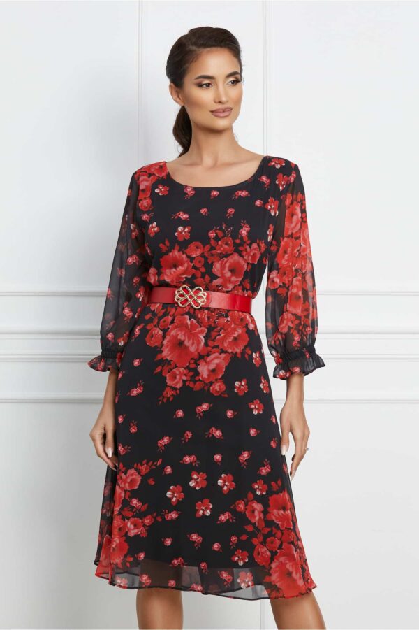 Rochie Tamara neagra cu imprimeuri florale rosii si curea in talie