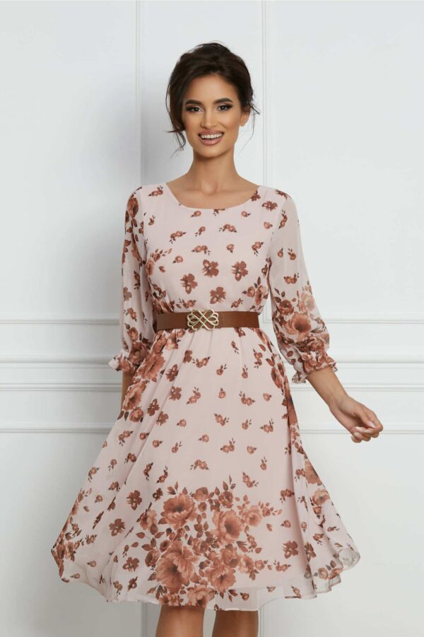Rochie Tamara roz cu imprimeuri florale maro si curea in talie