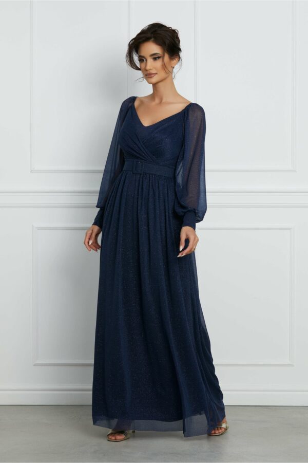 Rochie Timeea lunga bleumarin cu glitter si curea in talie
