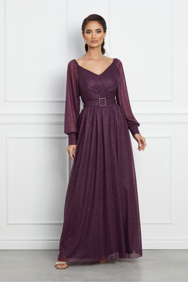 Rochie Timeea lunga mov cu glitter si curea in talie