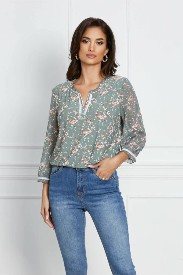 Bluza Daniela kaki cu flori caramizii