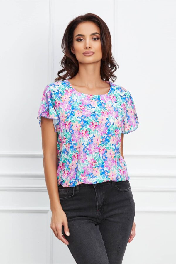 Bluza Frona alba cu flori albastre si maneci despicate