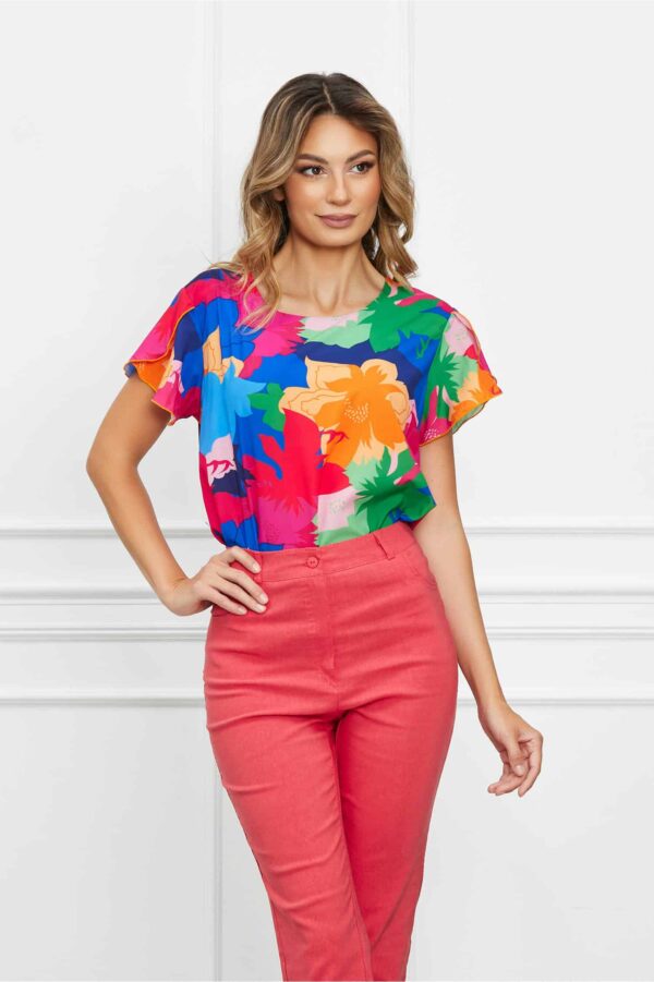 Bluza Frona albastra cu flori maro orange-fucsia si maneci despicate