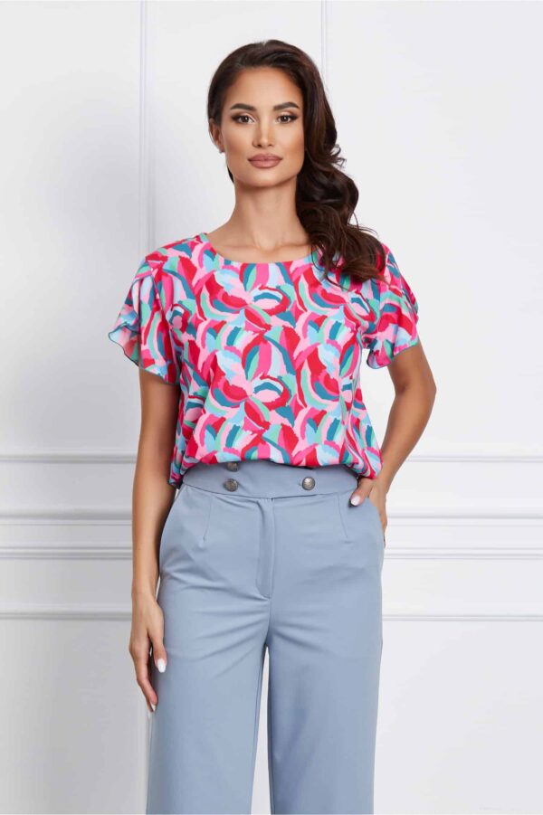 Bluza Frona fucsia cu imprimeuri turcoaz si maneci despicate