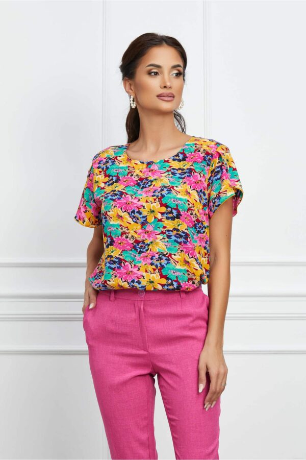 Bluza Frona multicolora cu flori fucsia si maneci despicate