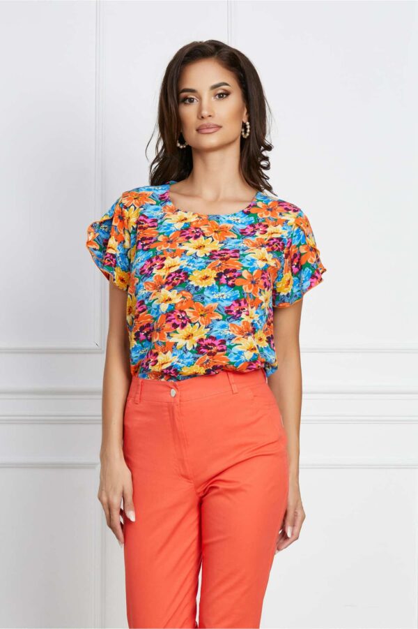 Bluza Frona multicolora cu flori oranj si maneci despicate