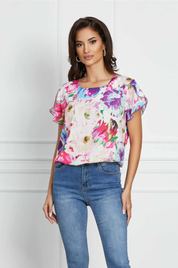 Bluza Frona roz cu imprimeu mov si maneci despicate