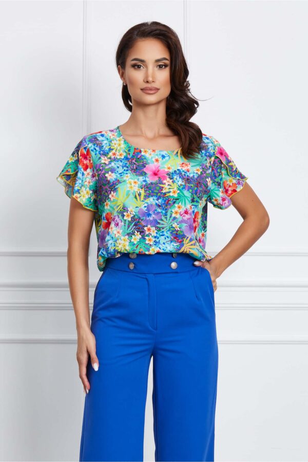 Bluza Frona verde mint cu imprimeuri mov si maneci despicate