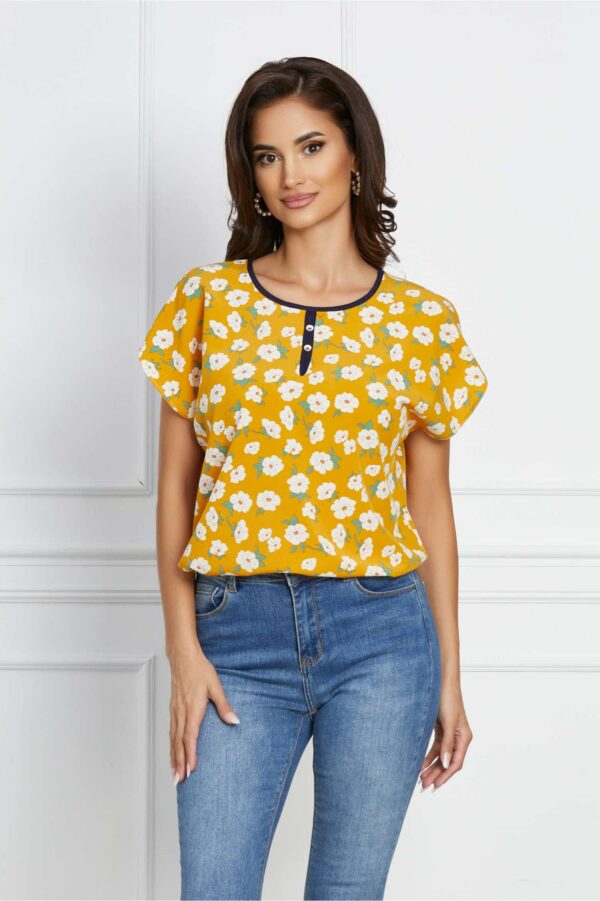 Bluza Gabrielle galbena cu maneci scurte si flori albe