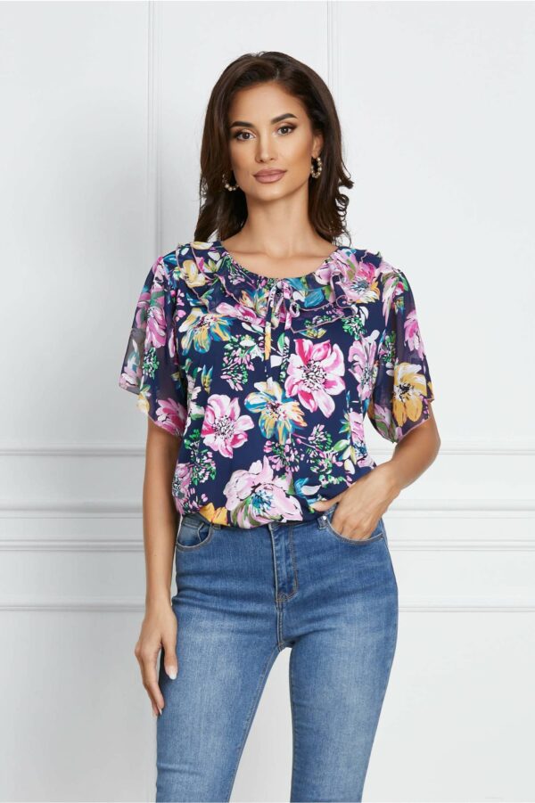 Bluza Isabela bleumarin cu flori roz si maneci scurte