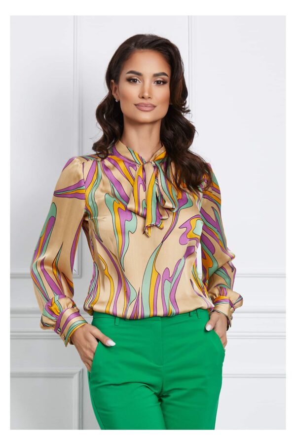 Bluza Tanisha bej cu imprimeuri mov si verzi