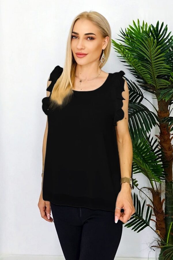 Bluza vaporoasa Estell, cu volane plisate si croi evazat, Negru, Marime S/M