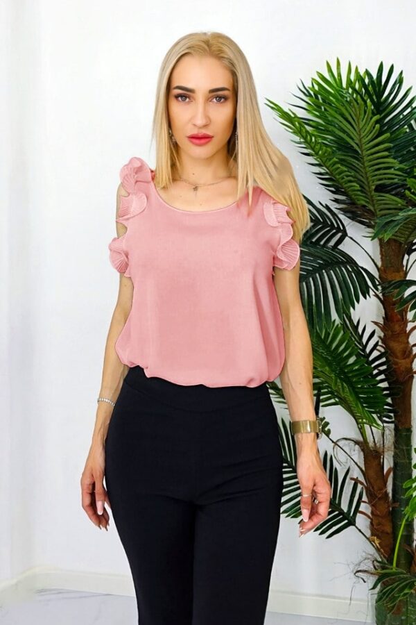 Bluza vaporoasa Estell, cu volane plisate si croi evazat, Roz pal, Marime S/M