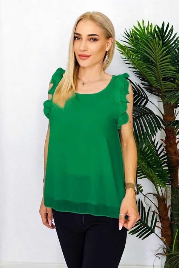 Bluza vaporoasa Estell, cu volane plisate si croi evazat, Verde, Marime S/M