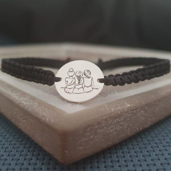 Bratara 3 surori / prietene – Argint 925, snur negru impletit