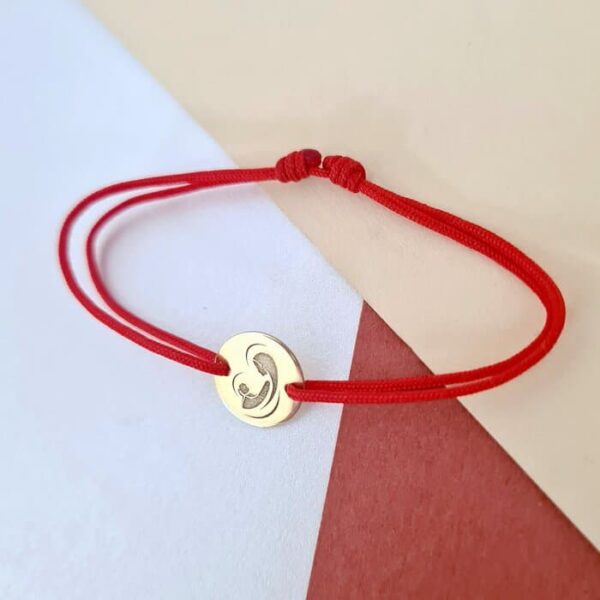 Bratara banut de 10 mm – Maica Domnului si Pruncul Sfant – Aur Galben 9K – snur reglabil