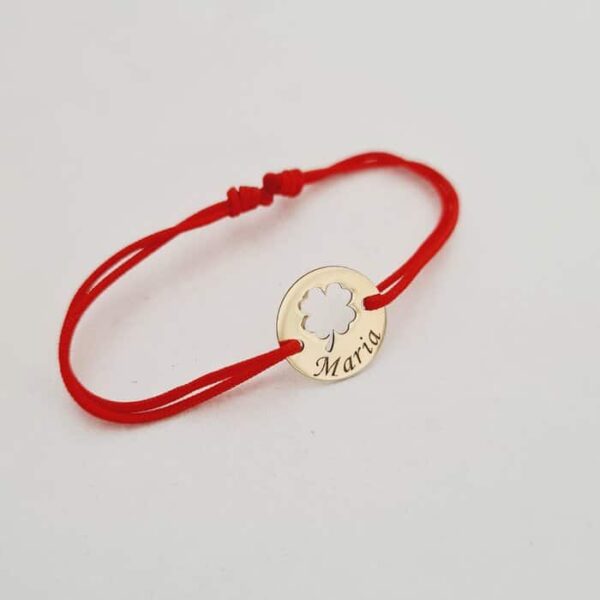 Bratara Good luck – Trifoi decupat si nume – Aur Galben 9K – Snur reglabil, diverse culori