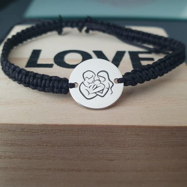 Bratara banut personalizata – Proaspeti parinti – Argint 925, snur negru impletit